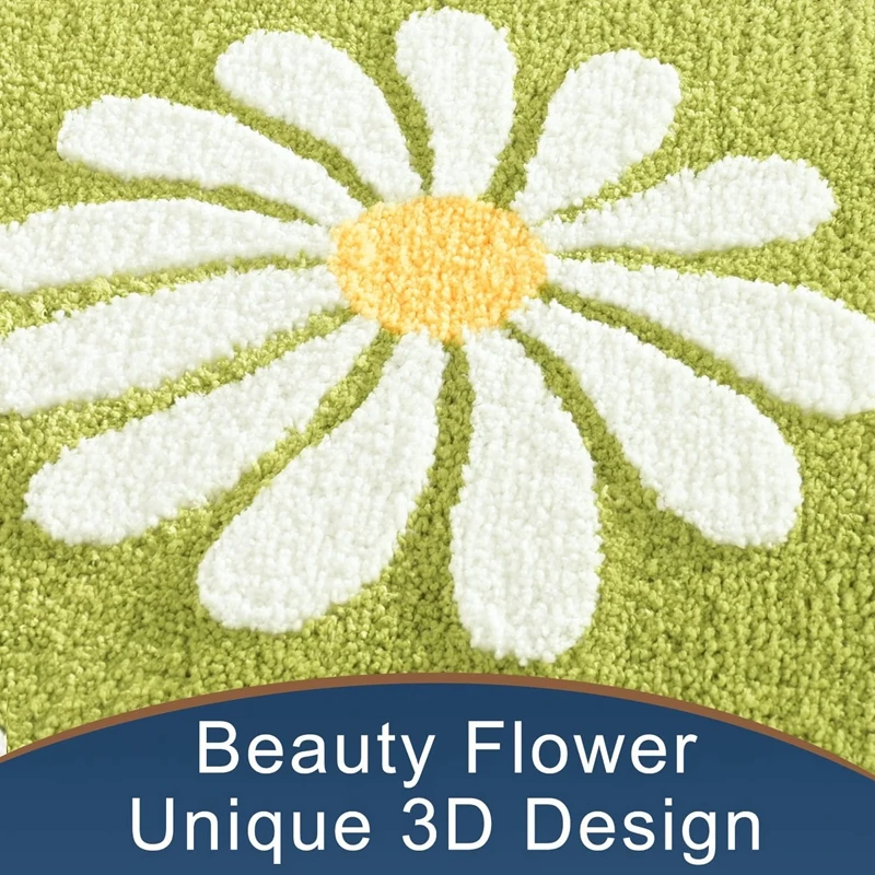 Inyahome Green Bathroom Rug Mat Cute Daisy Bath Mat White and Yellow Flower Decor Rugs Non Slip Floor Carpet Microfiber Bathmats