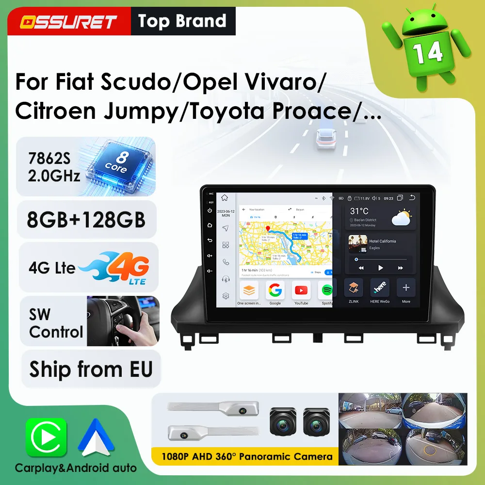 2Din Android Auto Autoradio für Fiat Scudo/Opel Vivaro/Citroen Jumpy/Toyota Proace/Peugeot Traveller/Expert 2024 - 2026 Multimedia-Videoplayer DSP RDS Wireless Carplay GPS Navi Stereo 7862 4G Wifi
