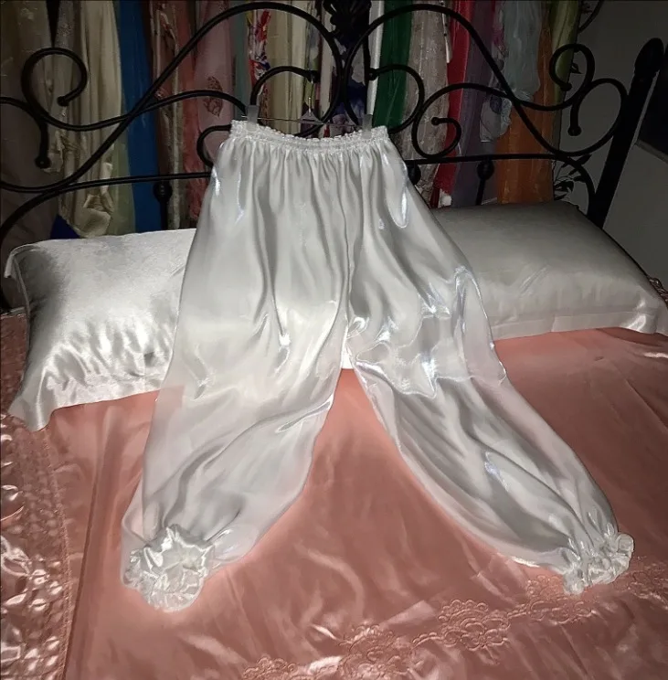 Men High Glossy 2 layers Mesh Gauze Outside Ice Silk Inside Pants Women Soft Silky Plus Size Sleeping Bottoms Lantern Trousers