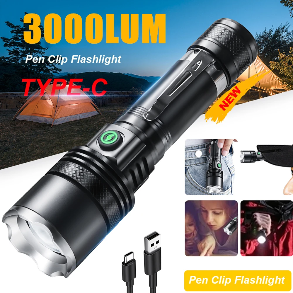 

USB Rechargeable Flashlight Super Bright 3000LM LED Torch Waterproof Handheld Lantern For Working Emergency Lighting Camping