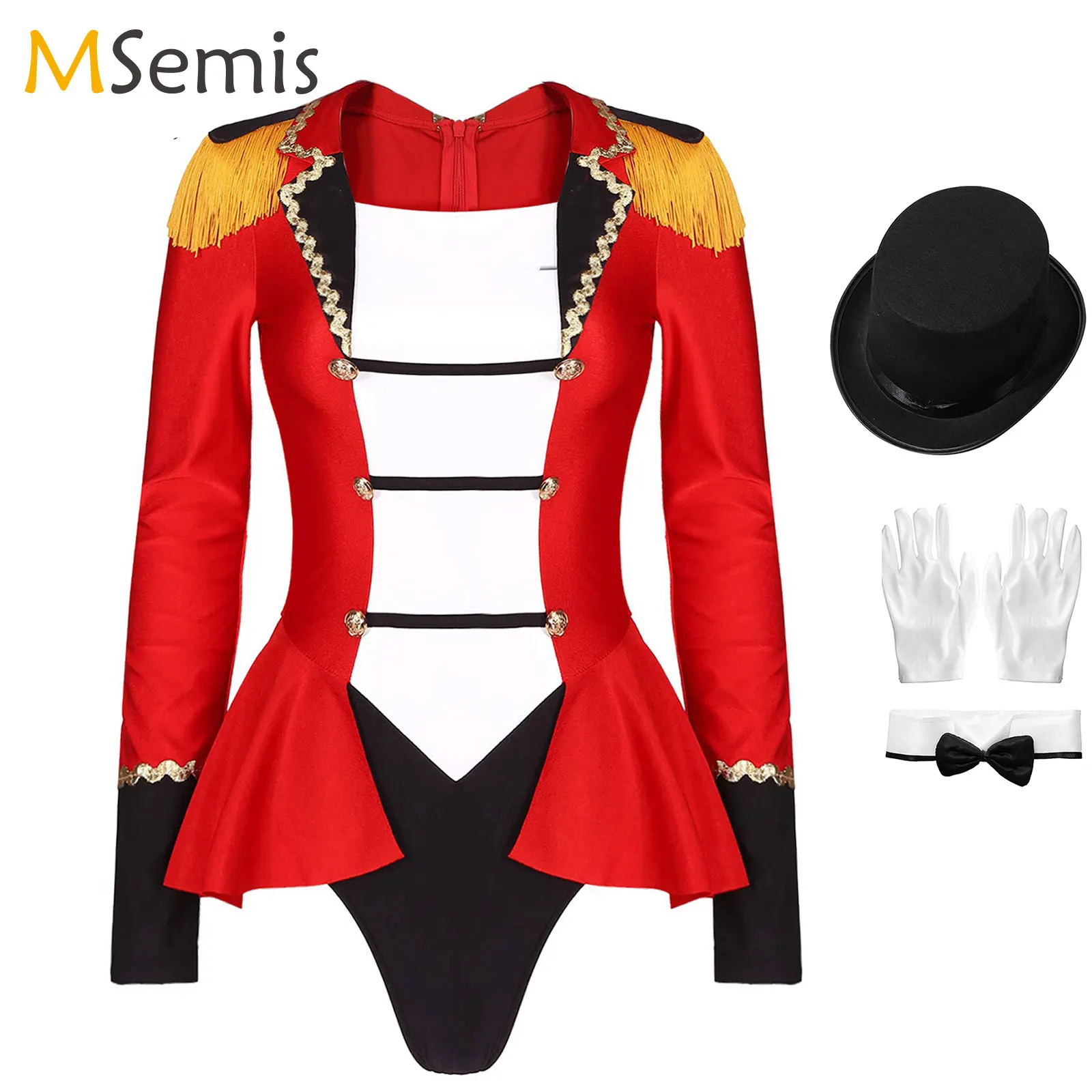 

Halloween Circus Ringmaster Role Play Costumes Womens Showman Long Sleeve Jumpsuit Skirted with Bow Tie Bodysuit Circus Cosplay