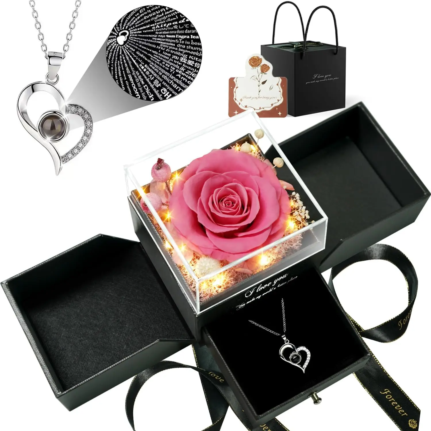 

Eternal Rose Heart Necklace with 'I Love You' in 100 Languages, Romantic Gift for Women