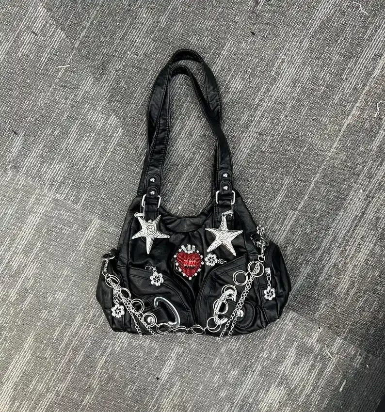 Star Flower Chain Black PU Leather Punk Harajuku Gyaru Shoulder Handbag Y2K Gothic Red Rhinestone Heart Hobo Bag