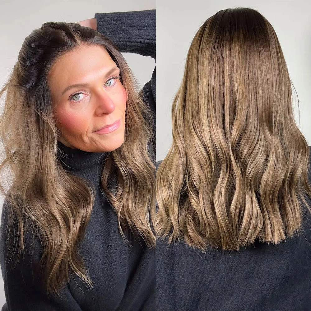 Medium Brown Blonde Highlights HD Lace Wigs Cosplay Party Wig Synthetic Natural Hair Short Loose Wave Glueless Lace Front Wig