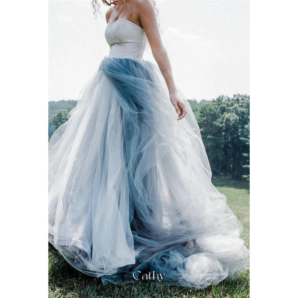 

Cathy Blue Gradient Tulle Wedding Dress Strapless Floor-length فساتين سهرة Elegant A-line Side High Split vestidos de fiesta