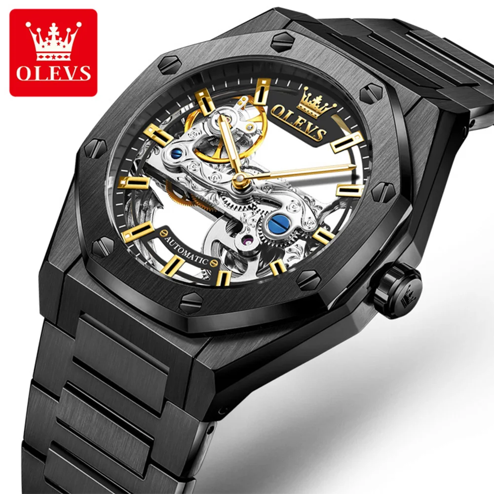 

OLEVS Men Automatic Watch Octagonal Case Full Skeleton Dial Stainless Steel Strap Luxury Self Winding Sports Male Wristwatch