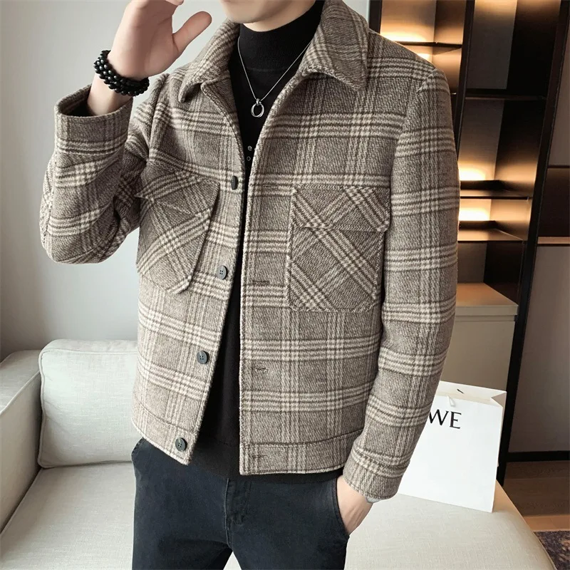 autumn and winter new plaid short woolen coat men's light luxury British trend brand lapel woolen jacket jacket 20525 NZ5815