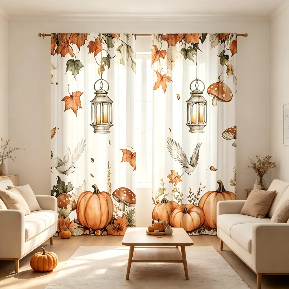 2PCS Digital Print Curtains, Autumn Pumpkin Vintage Lantern Mushroom Bird Pattern, Watercolor Hand-Drawn Style for Living Room