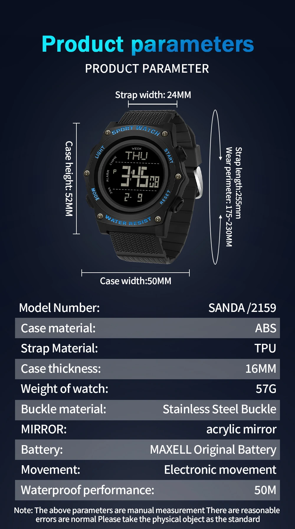 SANDA 2159 LED ساعة رقمية إلكترونية للرجال ساعة رياضية خارجية للطلاب مقاومة للماء ضوء ليلي ساعات متعددة الوظائف للرجال