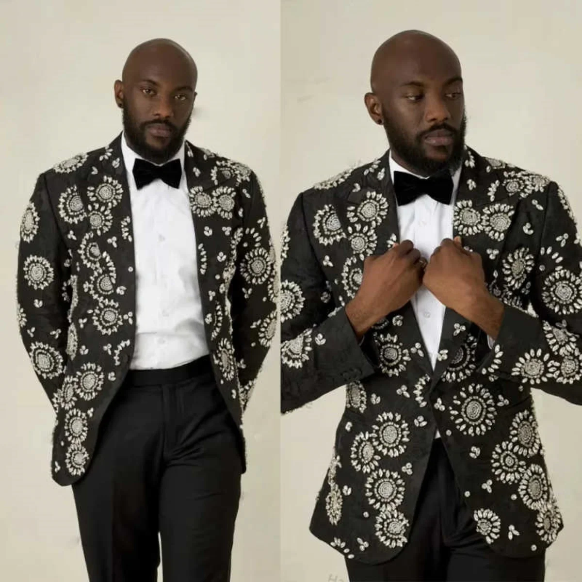 

Luxury Crystal Men Suits 2 Pieces Blazer Pants Peaked Lapel Groom Wedding Tuxedo Single Breasted Coat Prom Customized