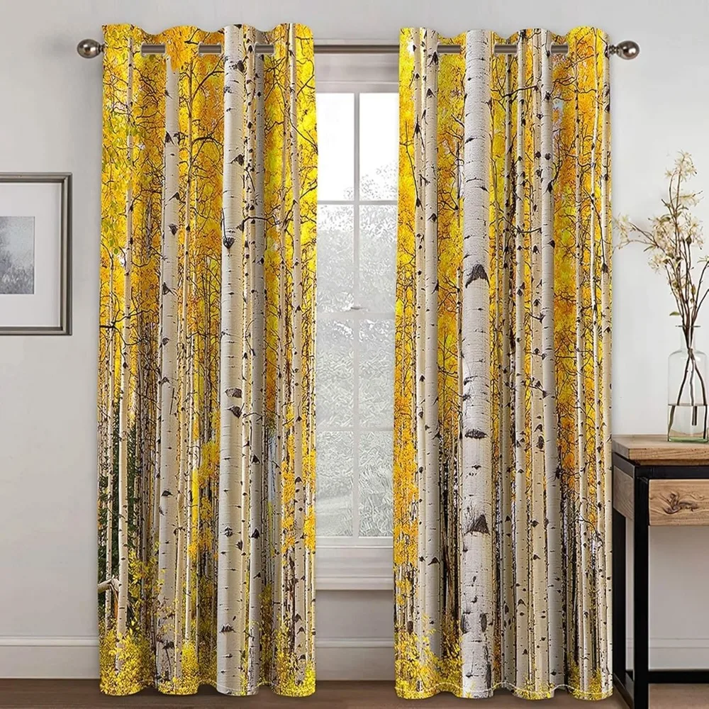 Beige Sheer Curtains 96 for Bedroom, Autumn Woods Scenery, Pack of 2, Polyester Material, 96 W x 96 H (244cm x 244cm), Ideal for