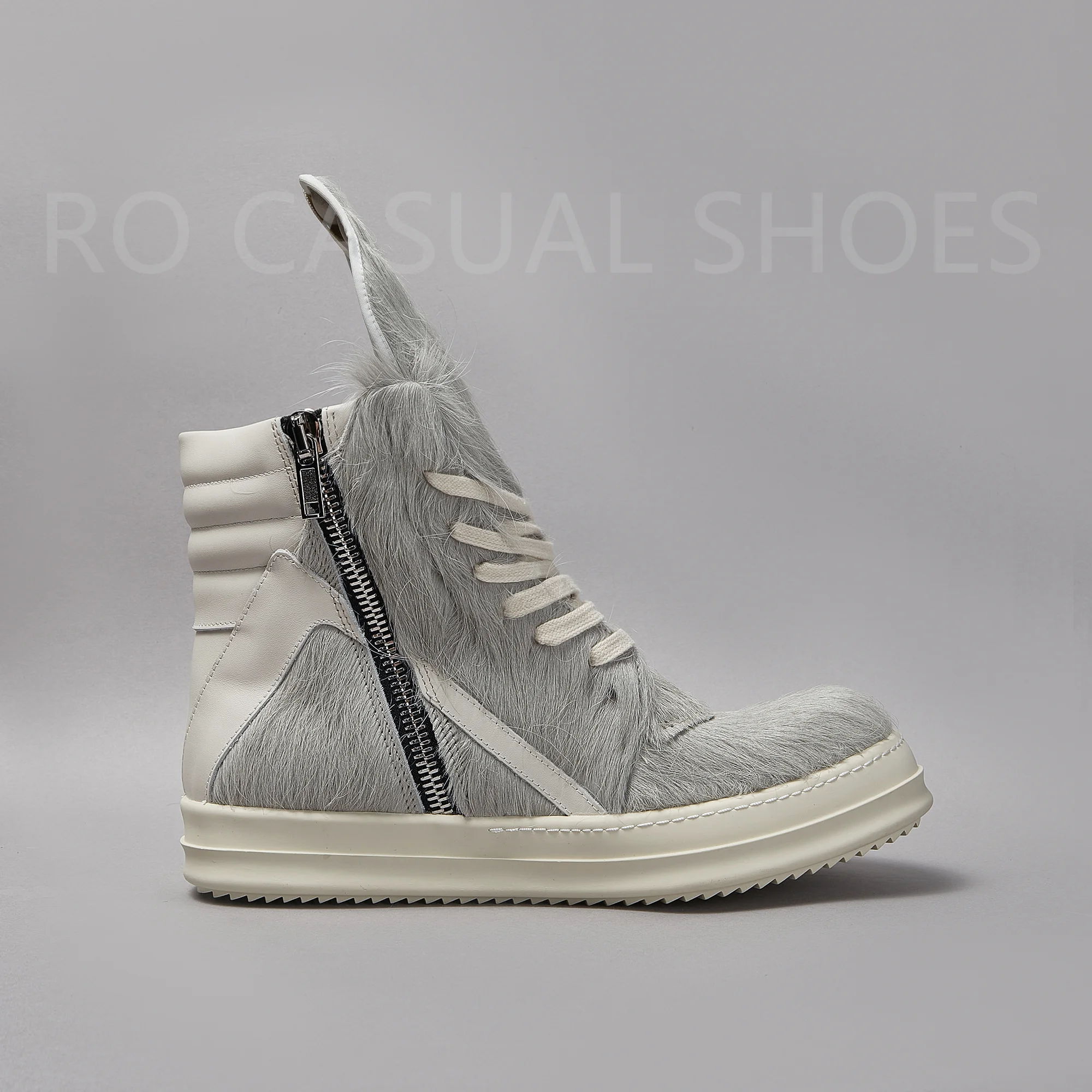 Ricks Light Grey Horse hair High Top Geobasket Owens Quality Men Shoe Zipper Women Sneaker Casual Owens Design boots & Shoes