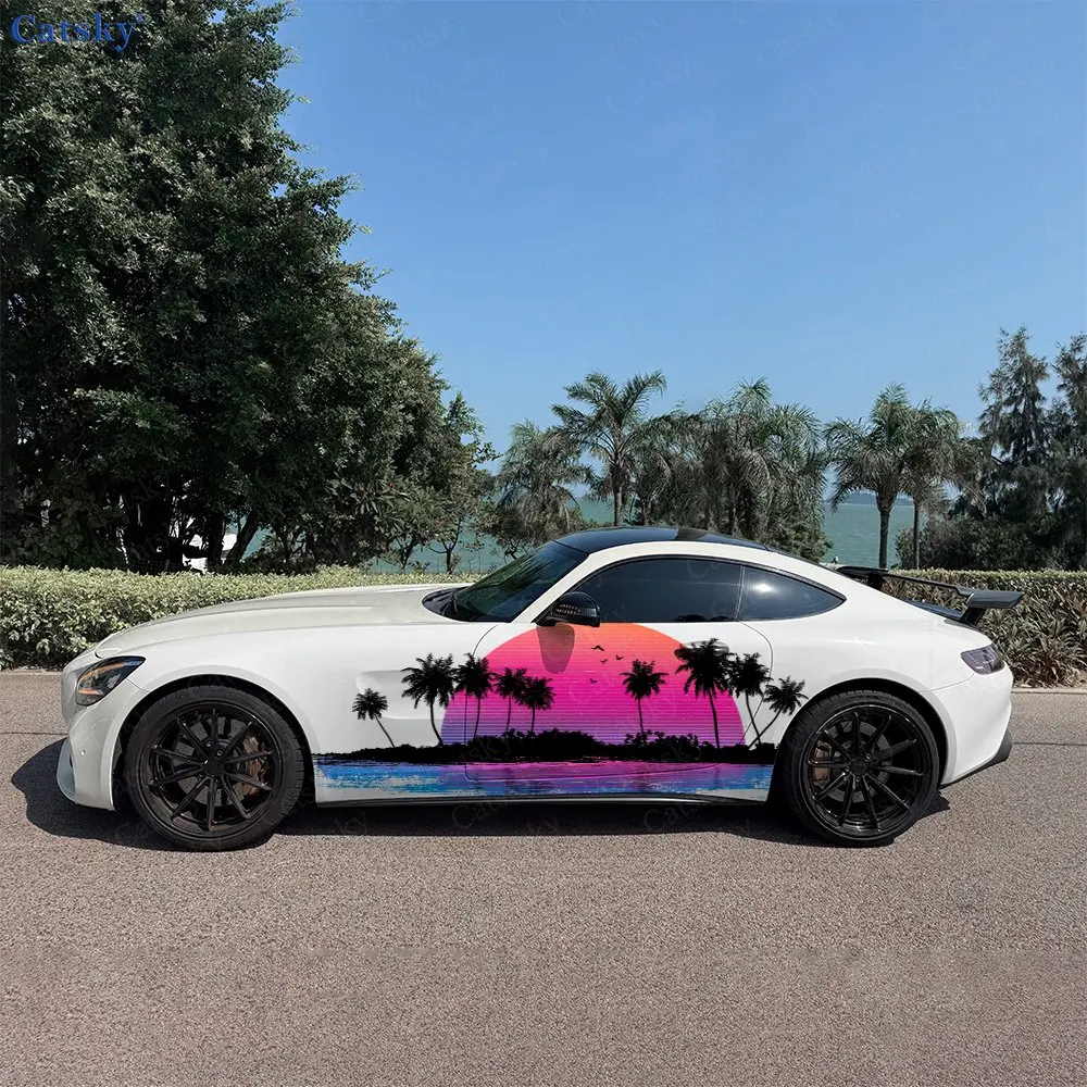 2pcs Coastline Palm Tree Silhouette Car Side Wraps, Self-Adhesive PVC Waterproof & Scratch-Resistant Sticker, Car Accessory Gift