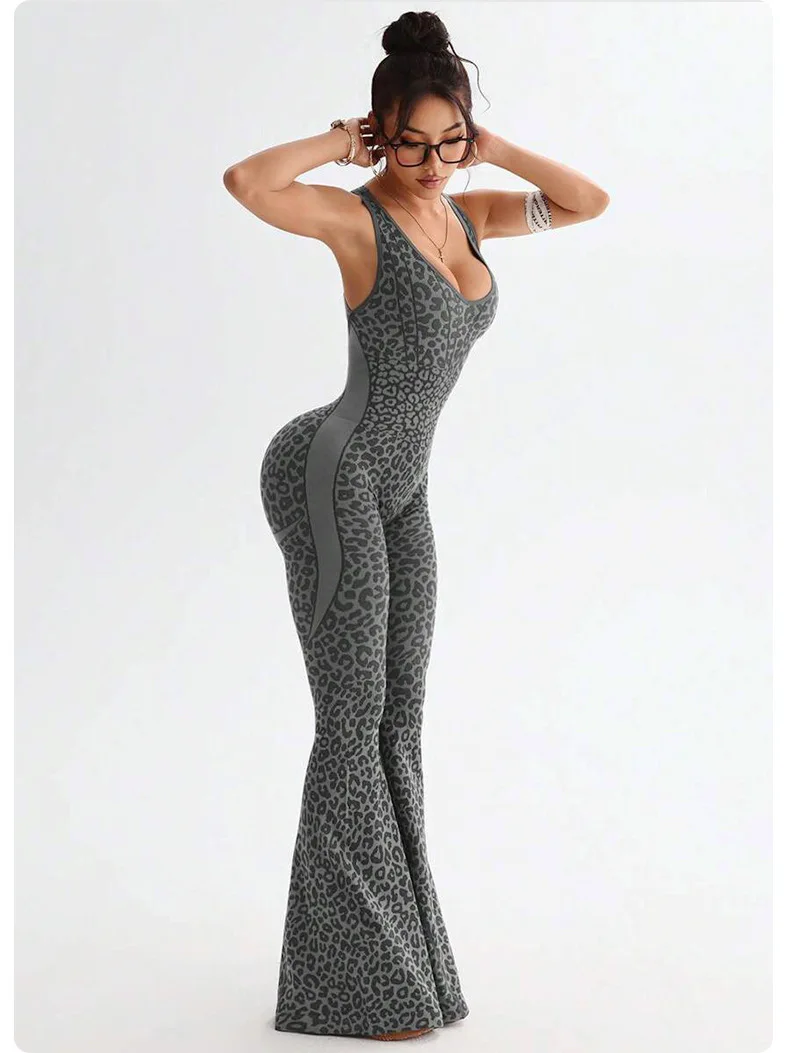 Neue Leopard Print Body Frauen Nahtlose Ausgestelltes Hosen Overalls Sexy einteiliges Fitness Anzug Kreuz Zurück Stretchy Yoga Overalls – Detail 15