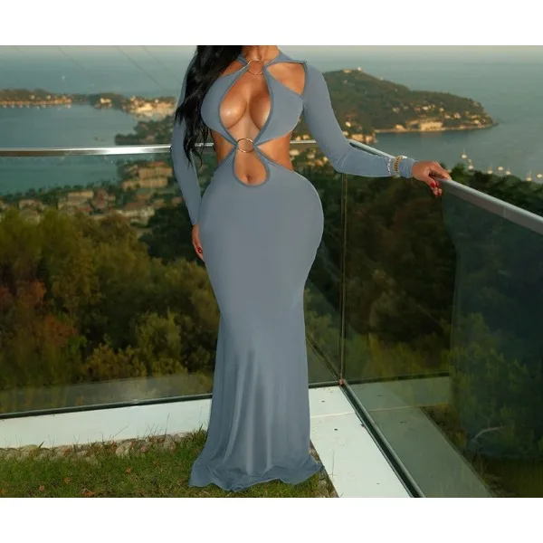 

Sexy Backless Dress Women See 2025 New Full Summer Hollow Bodycon Dresses Round Neck with Exposed Waist Long Sleeved Long Skirt