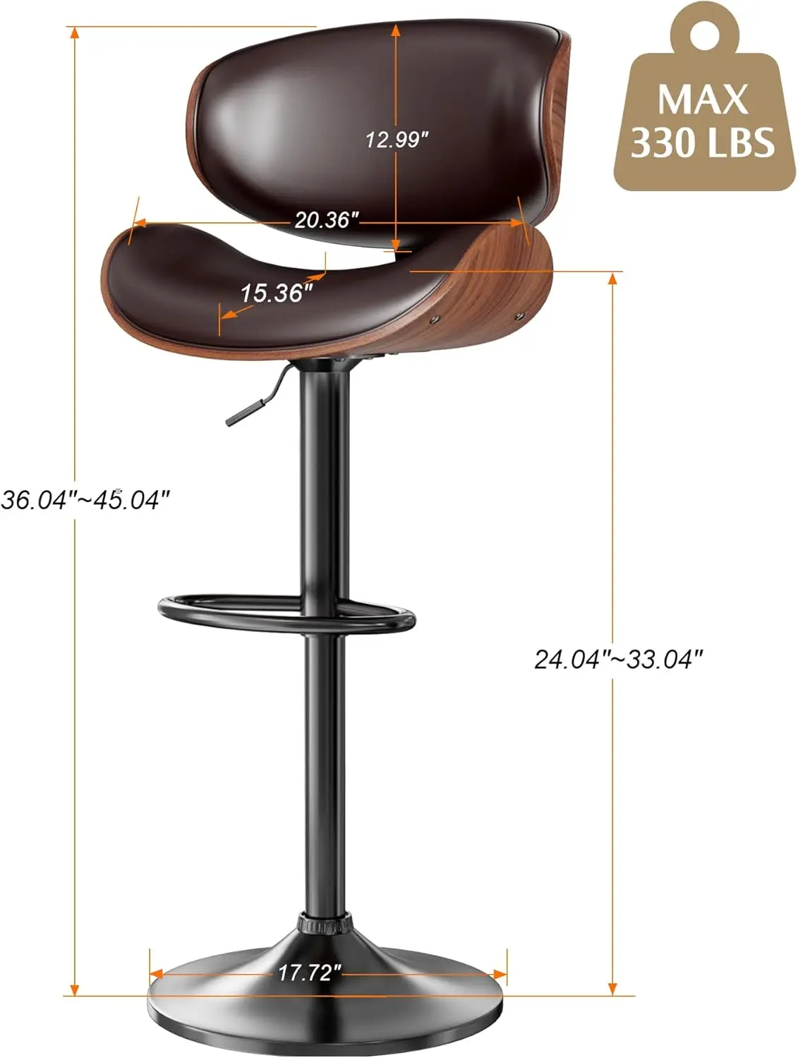 Bar Stools Set of 4, Modern Pu Leather Swivel Adjustable Bar Stool Counter Height Stool Set for Kitchen, Dining Room, Brown