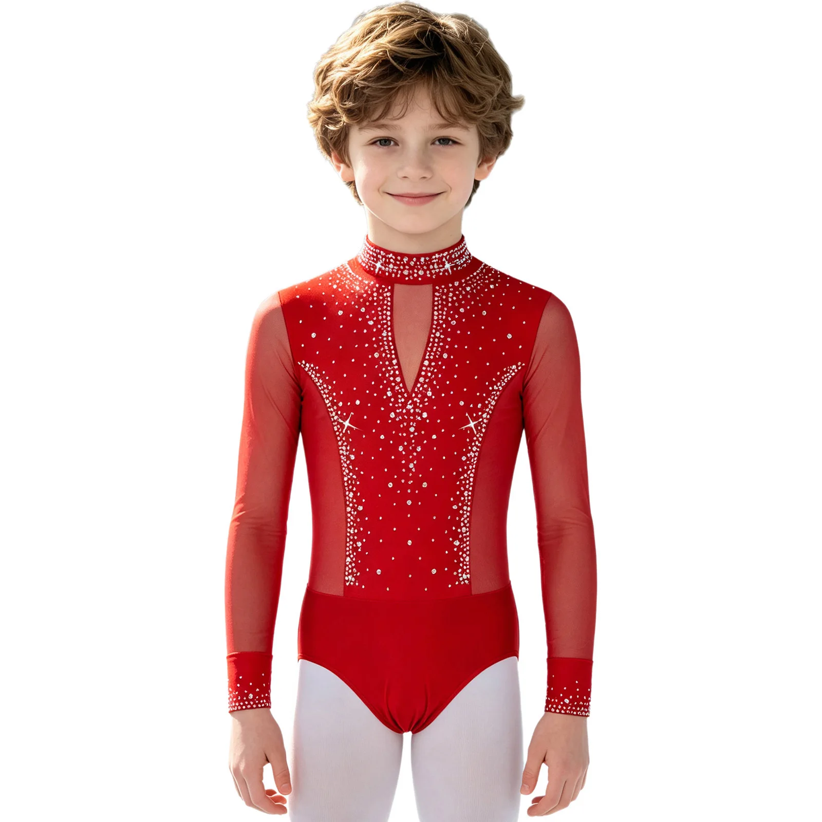 Kinder Jungen Strass-Bodysuit Jumpsuit Langarm Mesh-Bodysuit Gymnastik Ballett Trikot Eiskunstlauf Auftritts-Kostüm – Detail 6