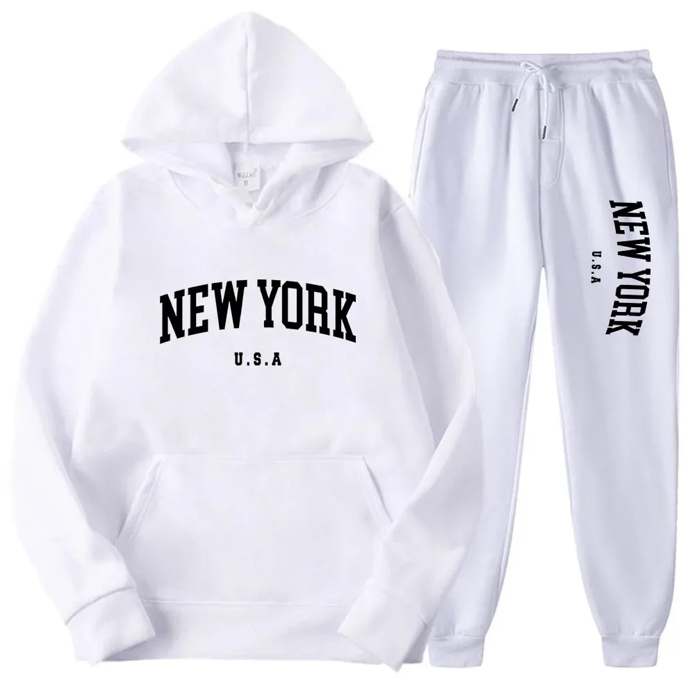 Spring New York U.S.A City Men Women Hoodies Sets Fashion Letter Graphic Sweatshirts Loose Casual Harajuku Hooded+Pants Pullove