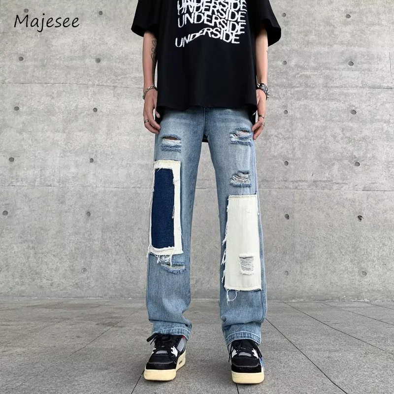 Patchwork Wide Leg Jeans Men Contrast Color Loose Mid Waist Leisure European Style Retro Frayed Fitness Fashion Asymmetrical