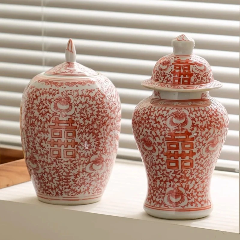 Chinese Style Enamel Colored Ceramic Vase Light Luxury Wedding Decoration  Double Happiness Sealed Candy General Jar Home Vase