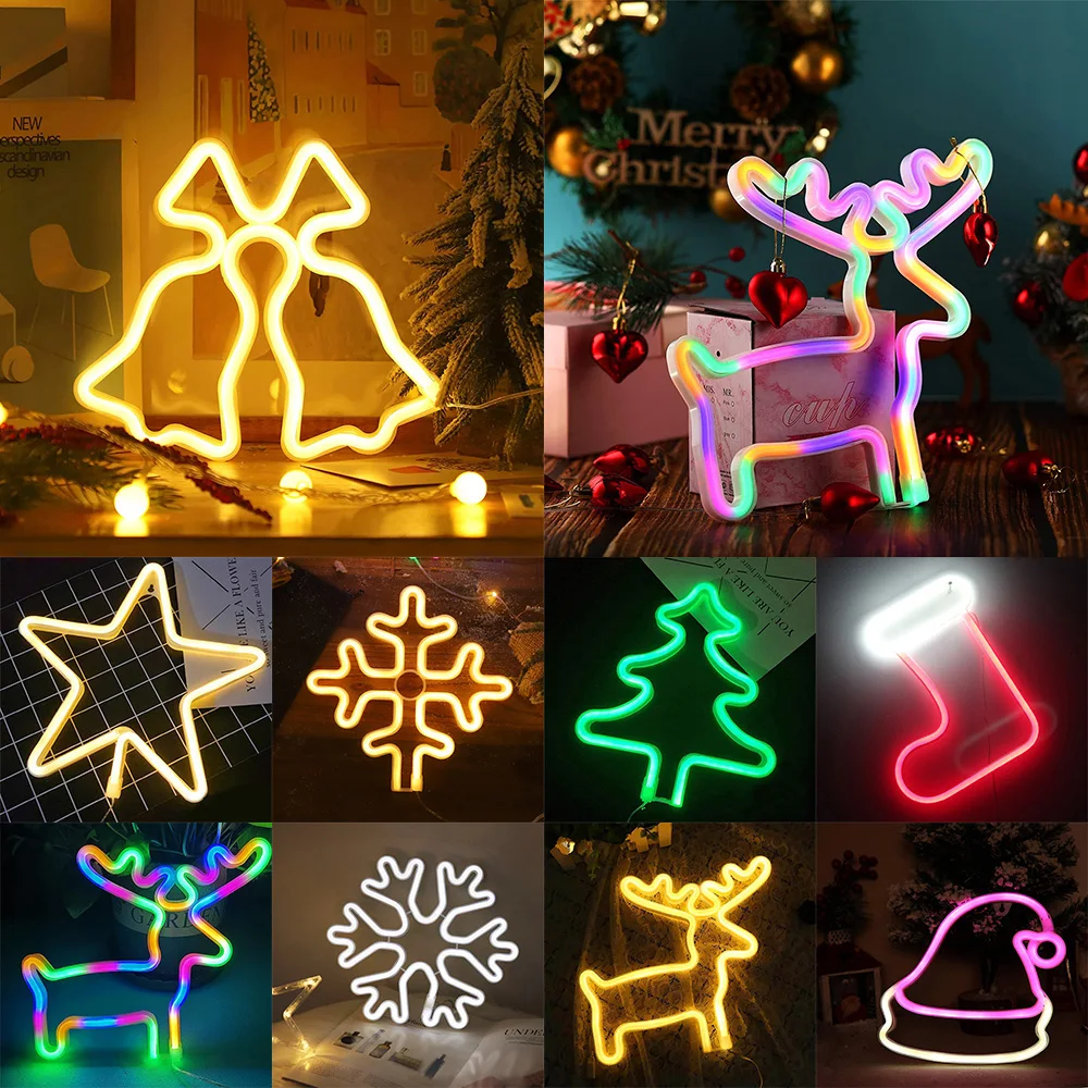 Christmas Neon Sign Lights Star Jingle Bell Neon Light Signs Tree Bedroom Wall Art Snowflake Christmas Decorative Night Lights