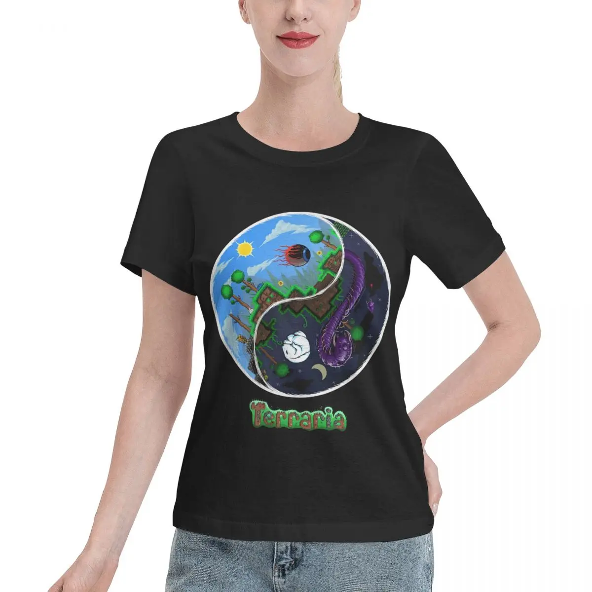 Autumn Inner Terraria Game Night And Day Horror Design Women's T-shirt Grunge Female Essential Clothing