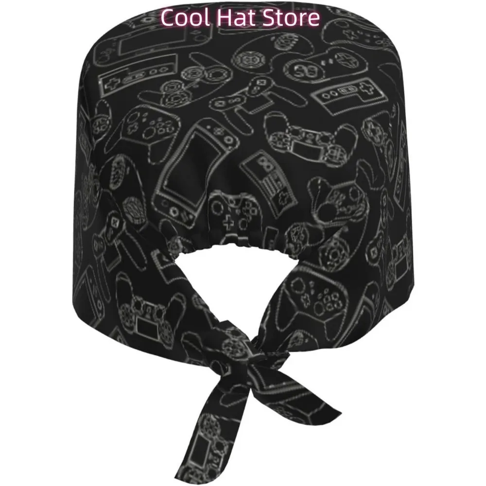 Black Video Game Working Cap Scrub Cap with Sweatband Adjustable Unisex Women Tie Back Hat Nurse Caps