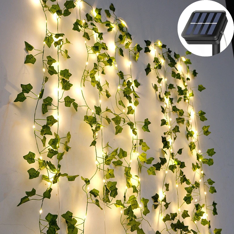 20/50/100LED Green Fairy Lights with Solar-Power Artificial Ivy Leaves Featuring 8 Modes for Garden Wedding Christmas Decoration