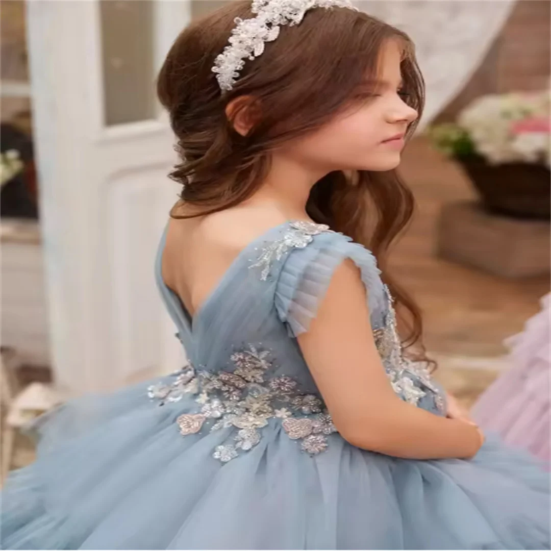 

Customised Flower Girl Dress Tulle Sparkle Applique Wedding Dresses First Communion Gowns Little Girls Birthday Party Gown
