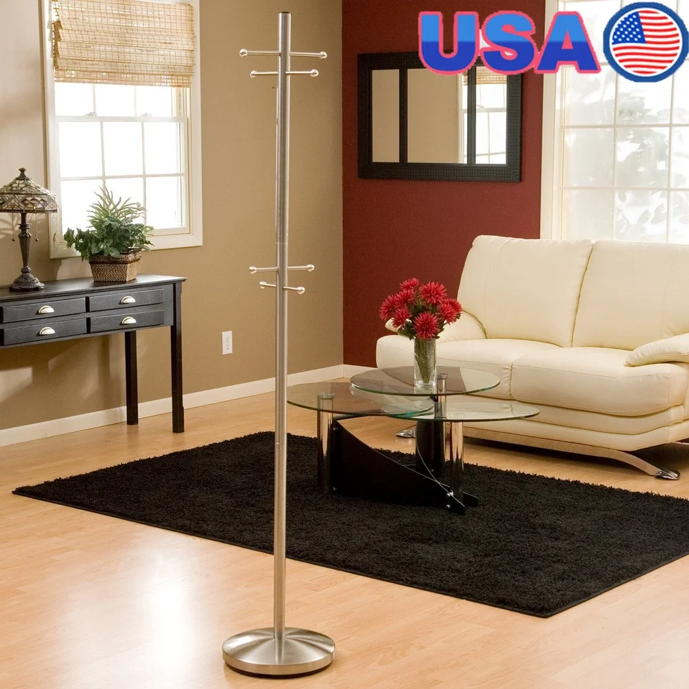 

Minimalist Brushed Steel Coat Rack 8 Hooks 67 Inch Tall Entryway Storage Space Saving Durable Modern Design