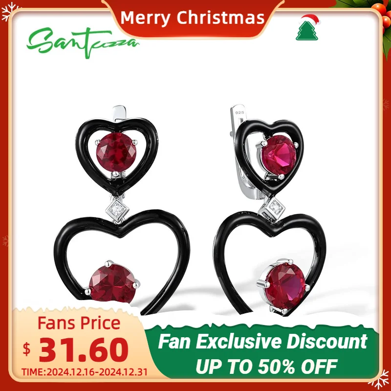 

SANTUZZA Pure 925 Sterling Silver Earrings For Women Red Nano Crystal White CZ Dangling Heart Cute Fine Jewelry Handmade Enamel