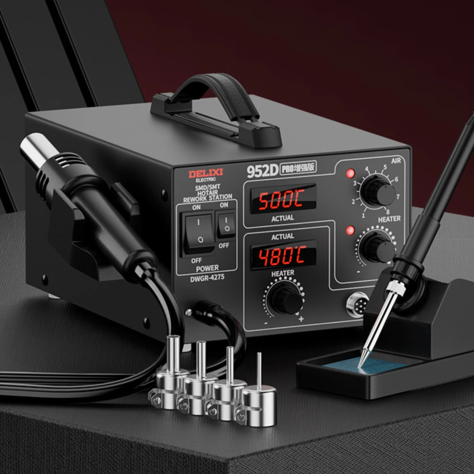 Soldering Rework Station Rotary Knobs Hot Air Rework Station Soldering Iron Kit Industrial Design Electronics Tool Carry Handle