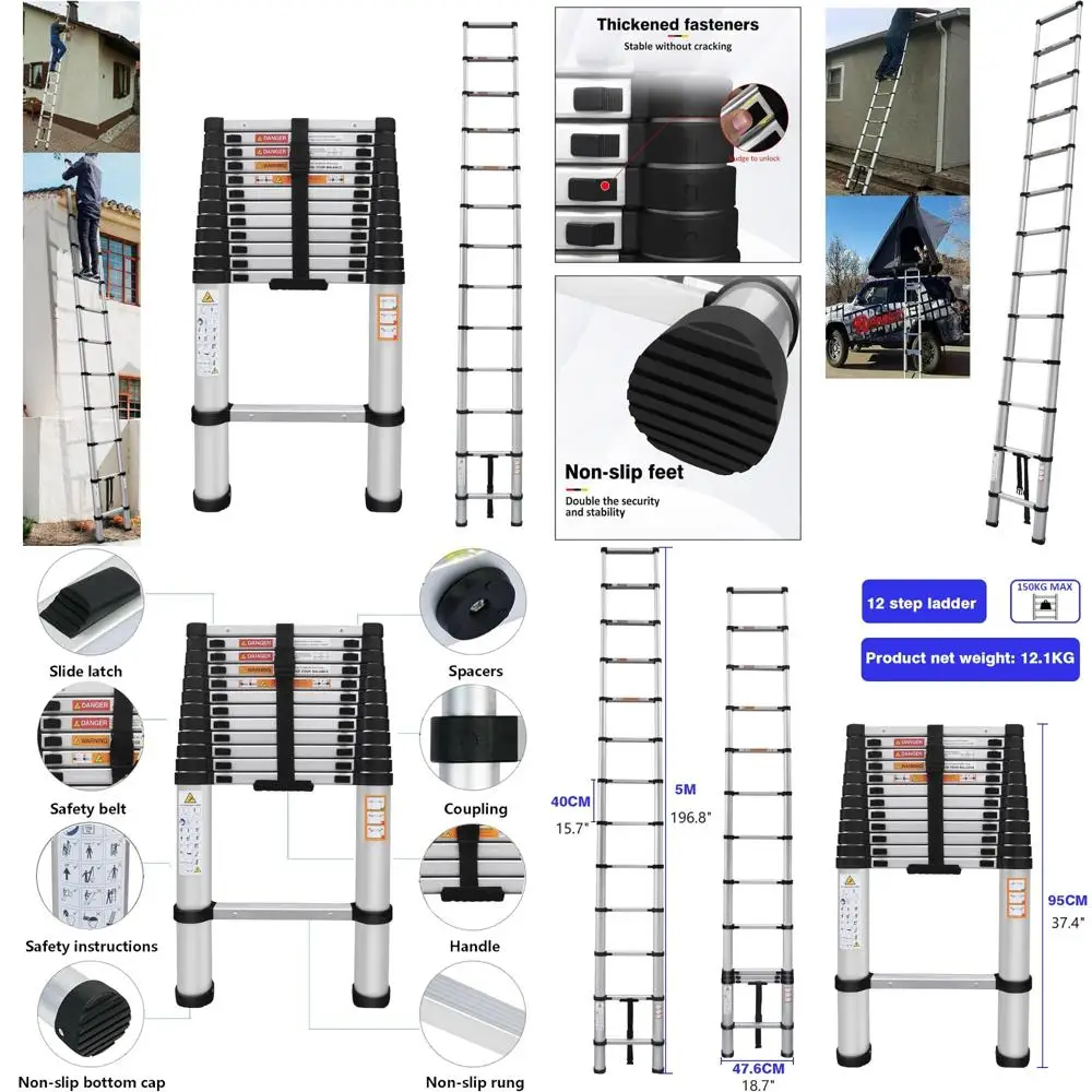 Collapsible 16-Foot Aluminum Extension Ladder for Attic Access, RV, Outdoor, and Home Use with 330lb Load Capacity