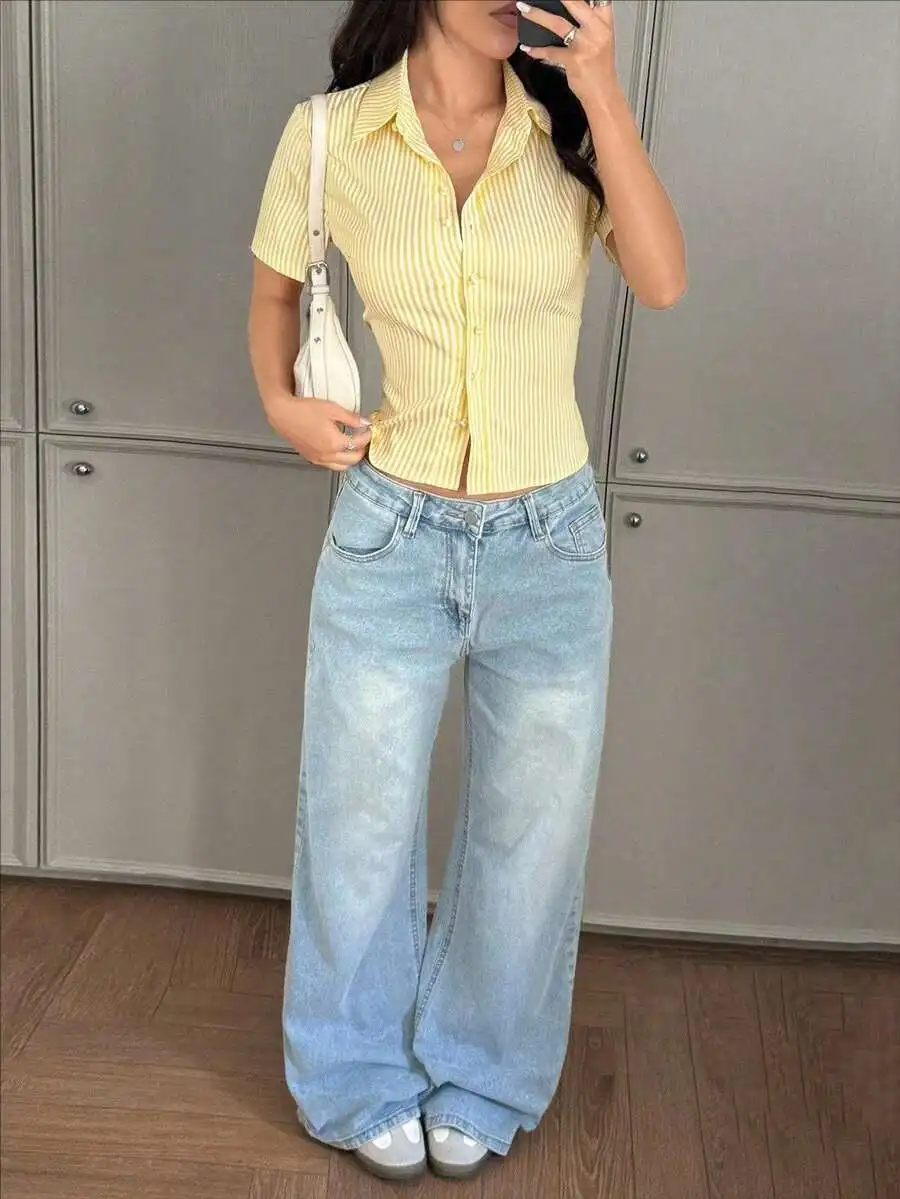 

Womens Striped Short Sleeve Button Down Blouse Casual Y2K Style Top