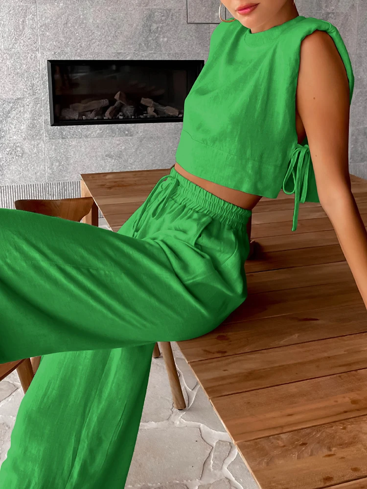 여성 O넥 민소매 레이싱 탑과 포켓 팬츠 슈트 봄 여름 캐주얼 루즈 솔리드 여성 투피스 세트 스트릿웨어