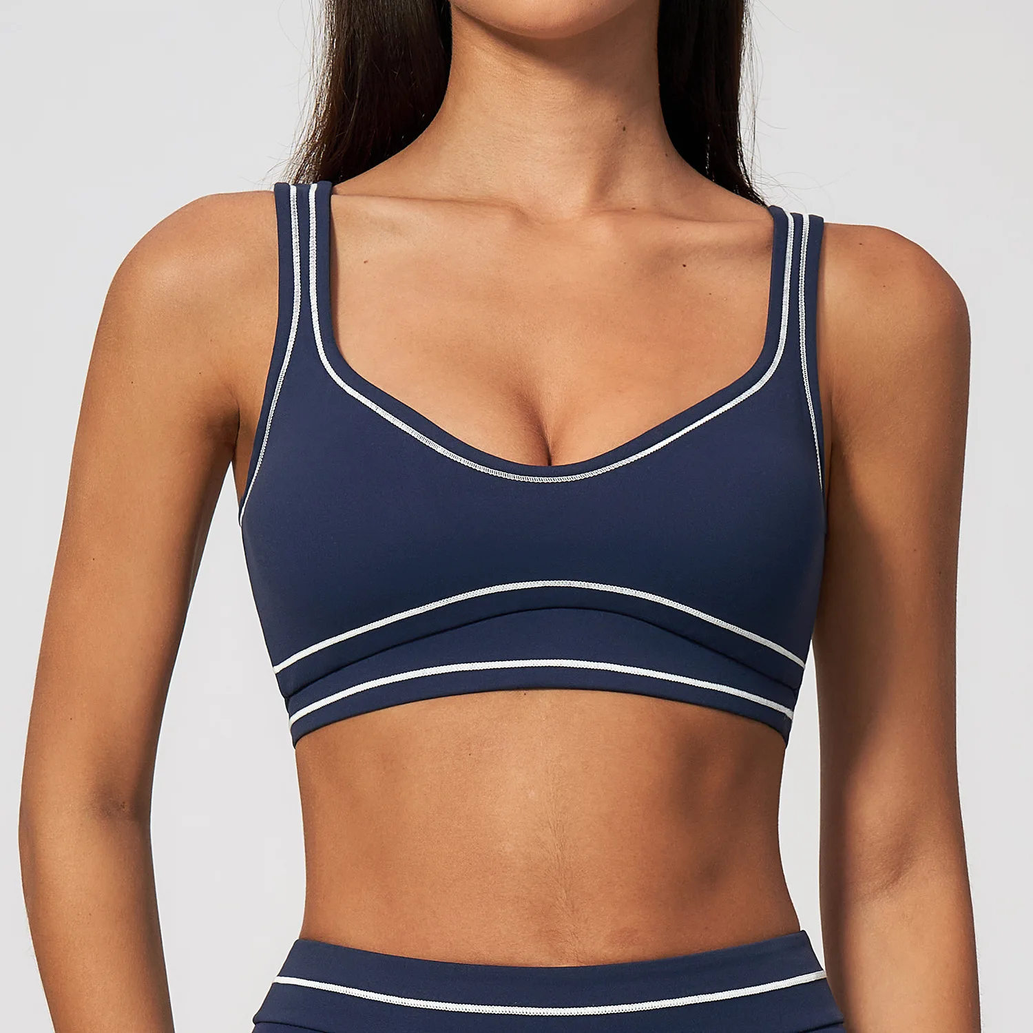 Farbblockierender Stoßdämpfender Lauf- und Yoga-BH für Damen mit Herausnehmbaren Brustpolstern, Raffung und Stoßschutz, Workout-Top, Sport-BH – Detail 8