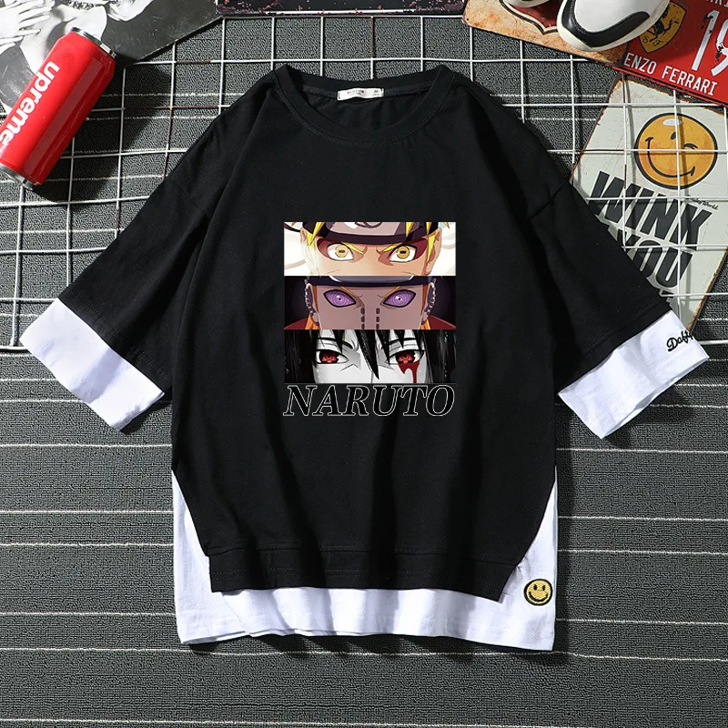 Hot Anime NARUTO T-Shirt Pure Cotton Short Sleeve Fashion O-Neck Tops Casual Loose Print Splic elbow Short Sleeve Clothes Gift