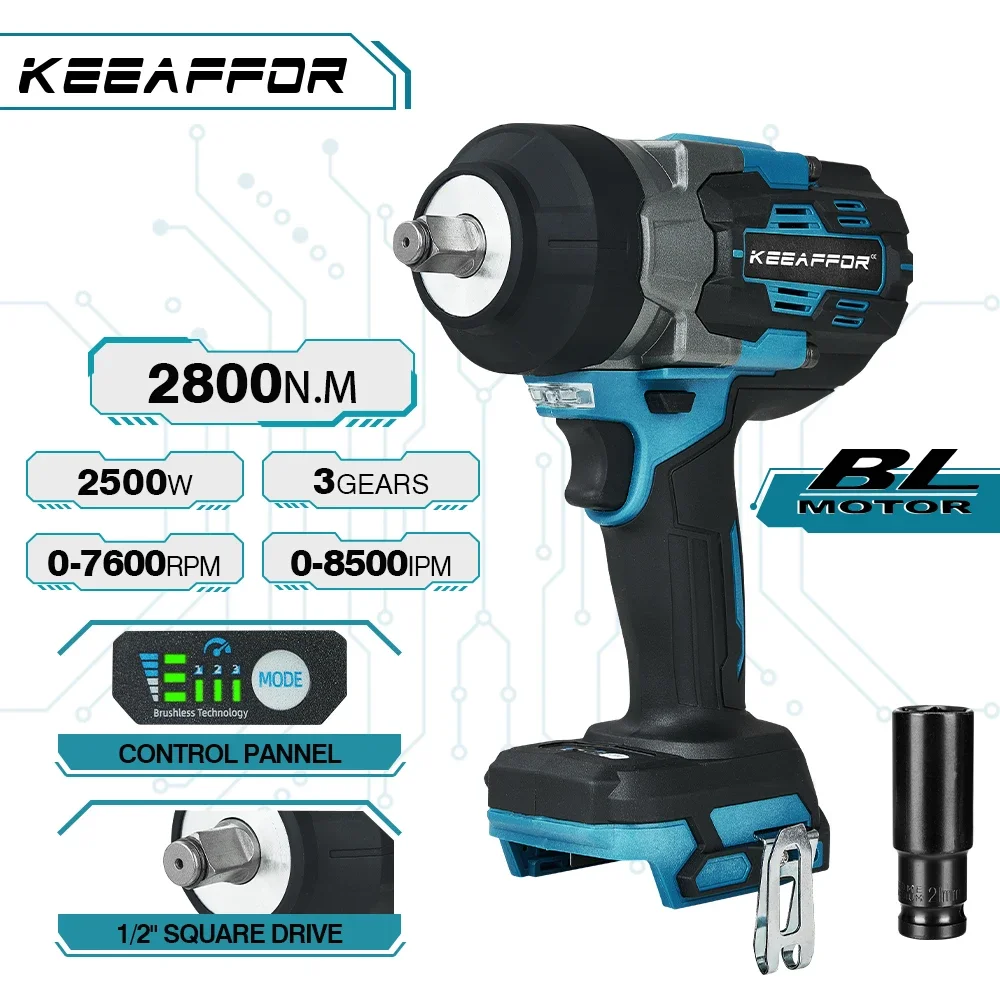 

KEEAFFOR 2800N.M 2500W Brushless Electric Impact Wrench 1/2 Inch Cordless Electric Drill Power Tools For Makita 18V Battery