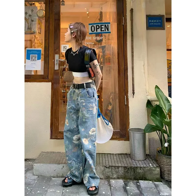 Vintage Green Floral Y2k Fashion Denim Jeans Pants For Womens Camo Hot Straight Loose Cowboy Trousers Trend Wide Leg Women