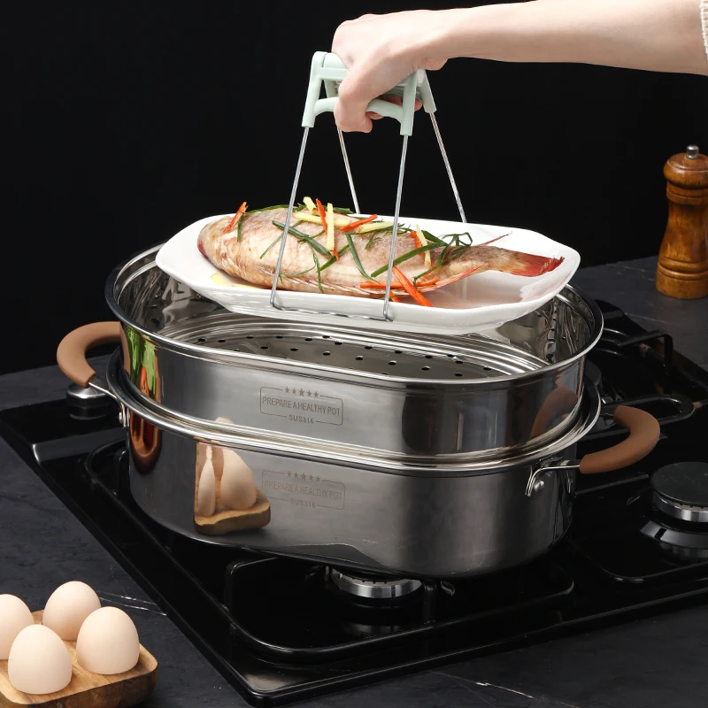 316 stainless steel fish steamer household oval multi-function thickeneded single-layer double-layer steamer electromagnetic gas universal