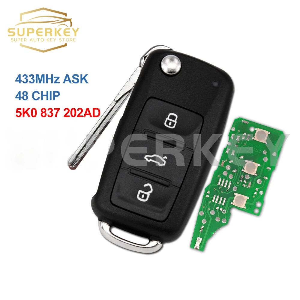 

SUPERKEY 5K0837202AD Remote Flip Key 433MHz ID48 for VW Touran Eos Jetta Tiguan Transporter Caddy PASSAT GOLF POLO 5K0837202AD