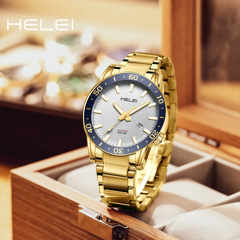 HELEI Men's Cross-border Popular Watch Fashion Stainless Steel with Single Calendar Waterproof Luminous Sports Watch