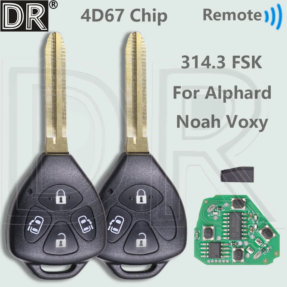 Автомобильный ключ-пульт DR 314.35 МГц FSK с чипом 4D67 и лезвием TOY43 для Toyota Alphard RHD Noah Voxy Hiace 2001+