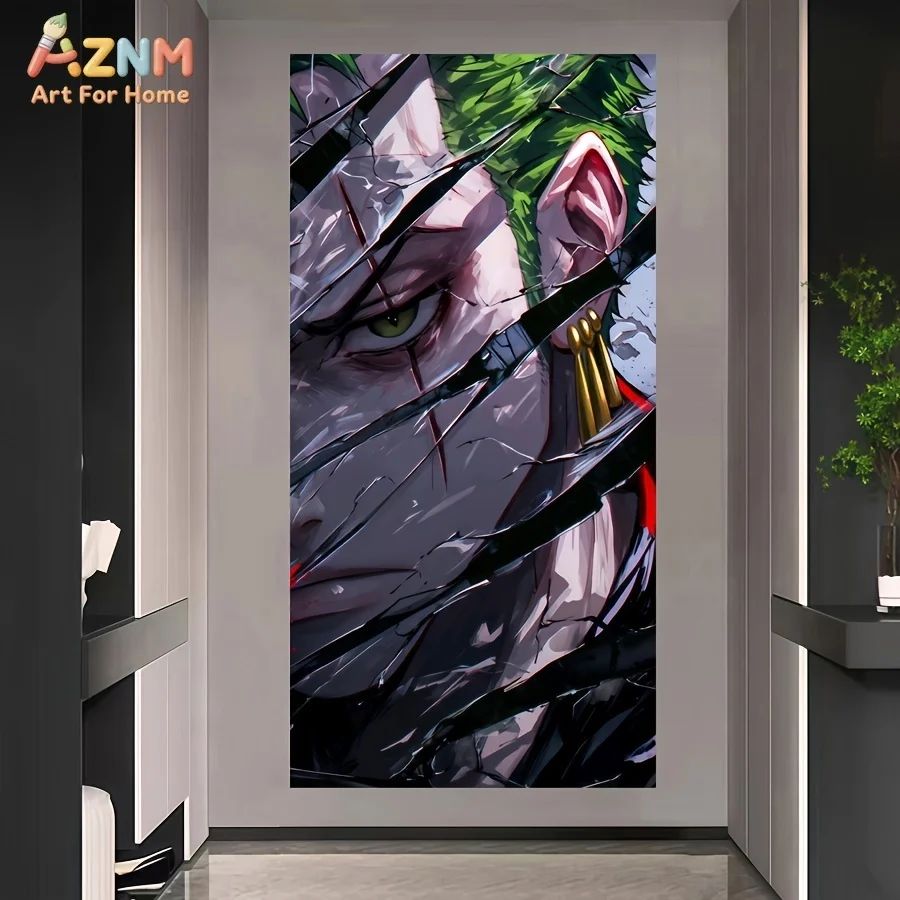 AZNM One Piece Roronoa Zoro Broken Glass Effect Close Up Anime Canvas Wall Art Manga Swordsman Portrait Print Unframed Canvas Pa