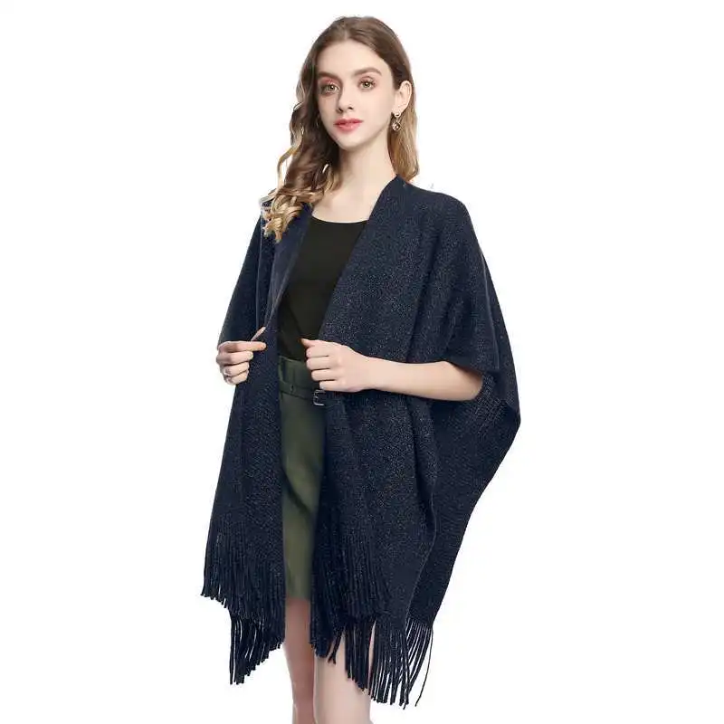 

European and American New Knitted Slit Tassel Double-Sided Temperament Talma Trendy Silver Silk Scarf Cloak Dual-Use