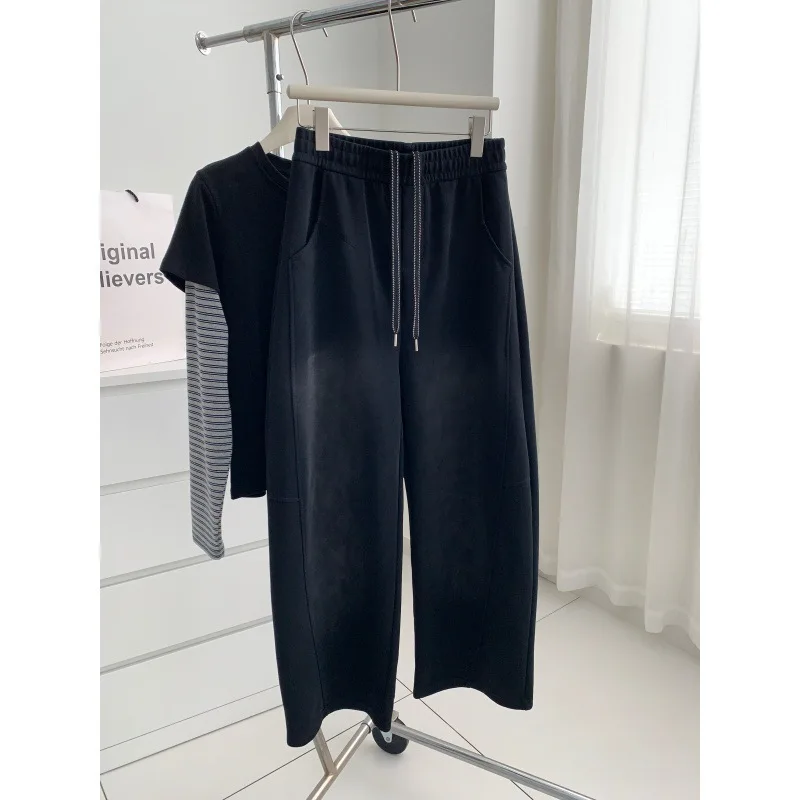 

Washed Vintage Black Harem Pants For Women 2025 Spring Autumn Elastic Waist Loose Slimming Casual Long Floor-length Pants