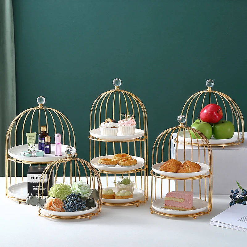 

Nordic creative bird cage storage tray two layers three layers cake dessert table display stand afternoon tea snack fruit plate