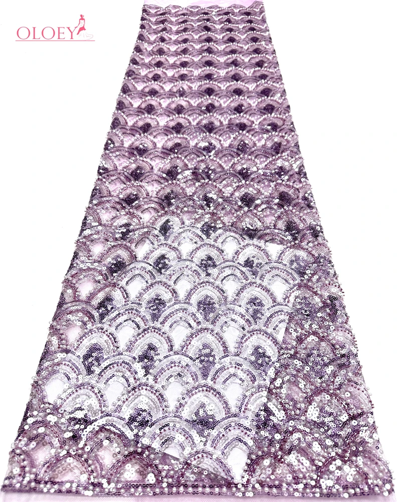 

OLOEY Purple African Gemstone Beaded Lace Fabric Luxury French Sequin Lace Fabric for Women Bridal Wedding Dress Sewing 5 y