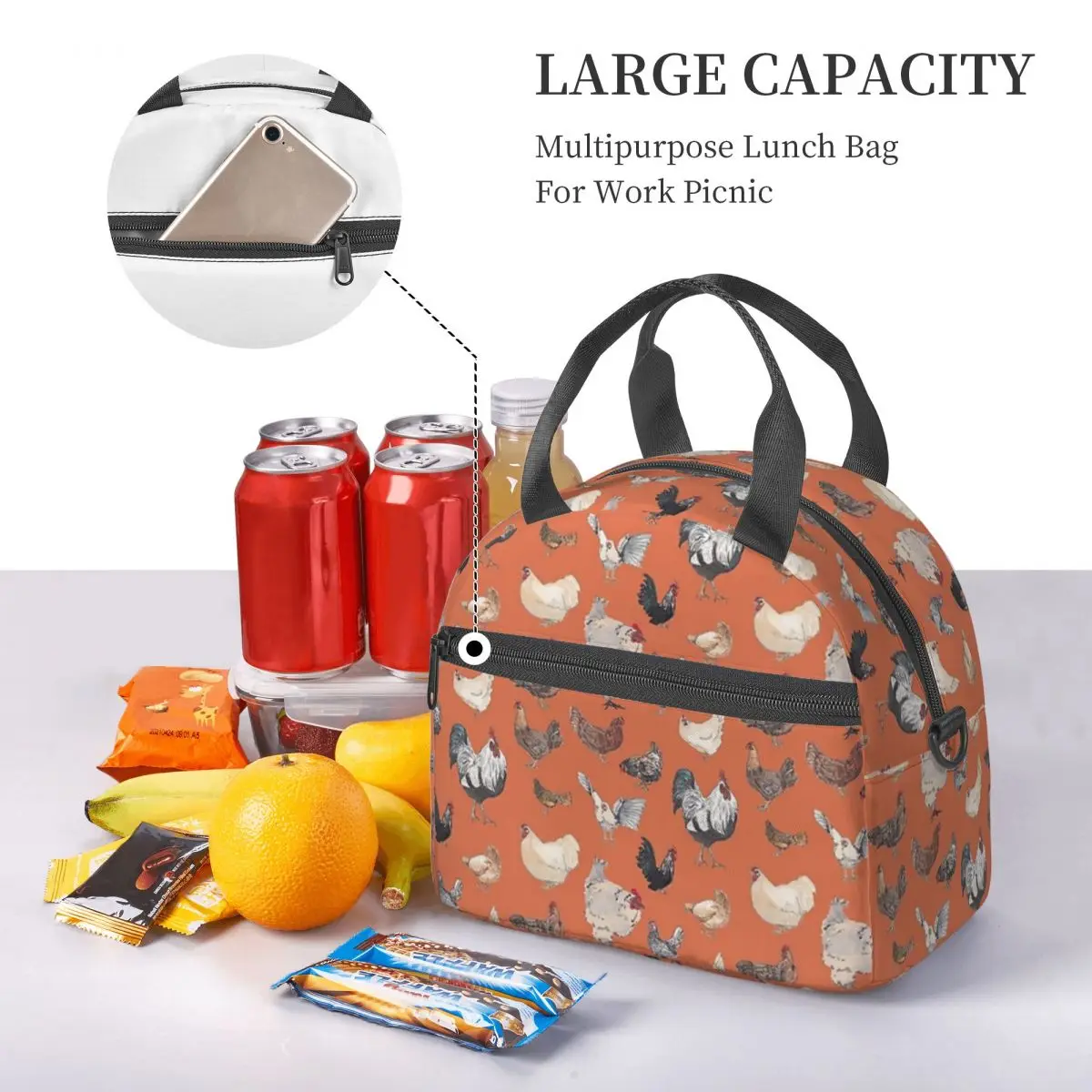 Chicken Happy In Deep Orange Insulated Lunch Bag for Women Bento Storage Food Boxes Leakproof Cooler Thermal Lunch Box Tote