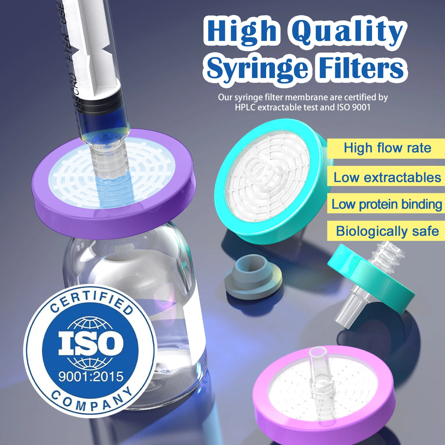 Sterile hydrophobic Syringe Filters,PTFE Membrane 0.22μm Pore Size,33mm Diameter,25/100 Pcs Individually Packed by Ks-Tek